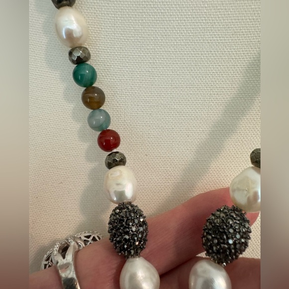 Long Pearl Multigem Necklace with Charms - Picture 5 of 5